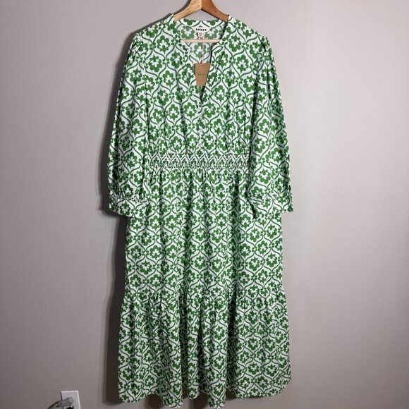 Boden Elena Cotton Tiered Midi Dress Womens 16-18 Paradise Green Ivy Trellis NWT - Picture 6 of 16